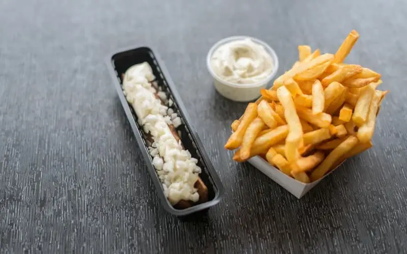 Fries and a Dutch frikandal, typical Dutch snacks